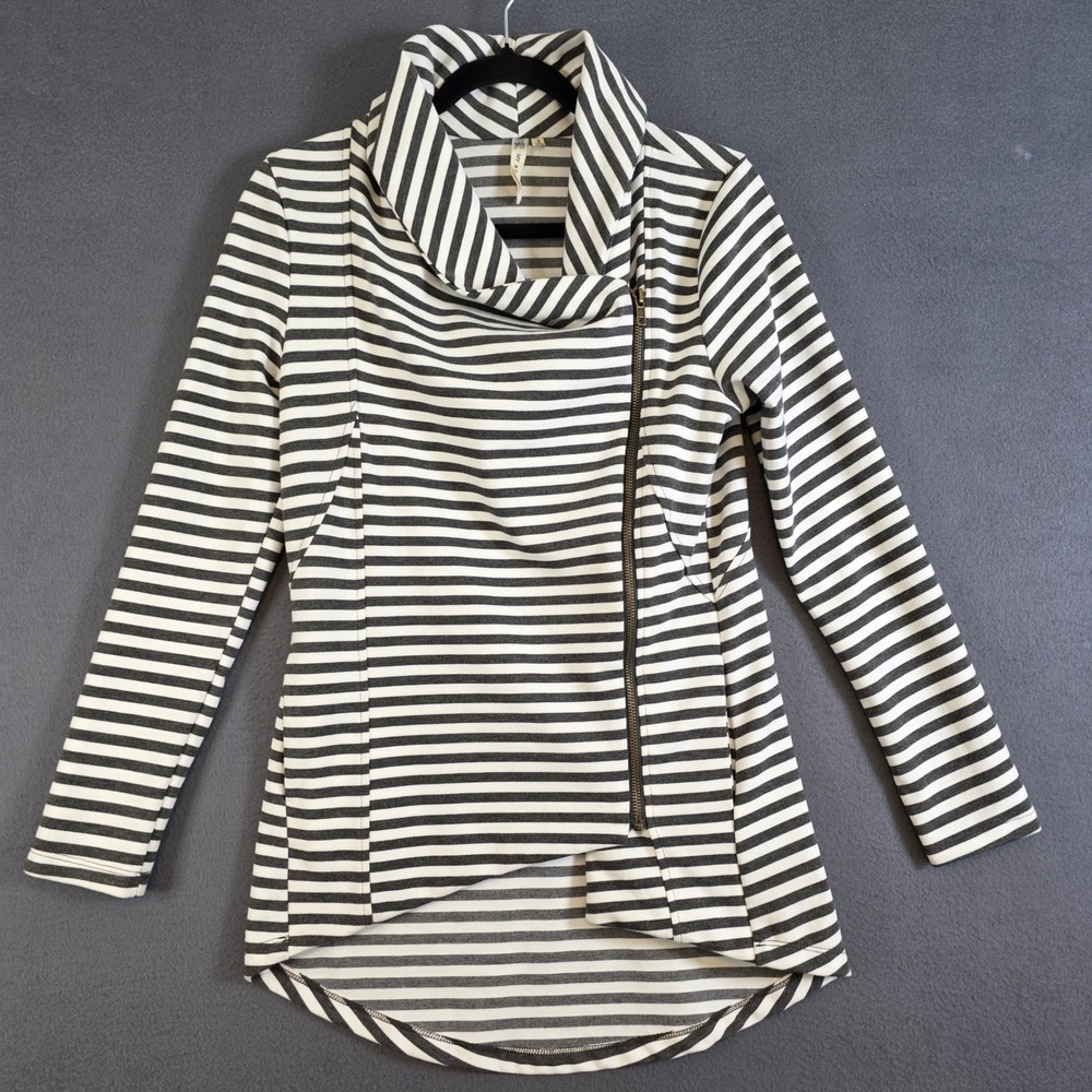 My Beloved Striped Asymmetrical Zip Jacket Gray White Small Cowl Neck Fitted
